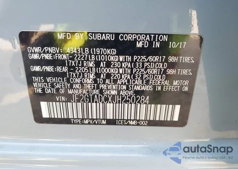 2018 Subaru Crosstrek 2.0I Premium from USA, damaged, VIN JF2GTADCXJH250284